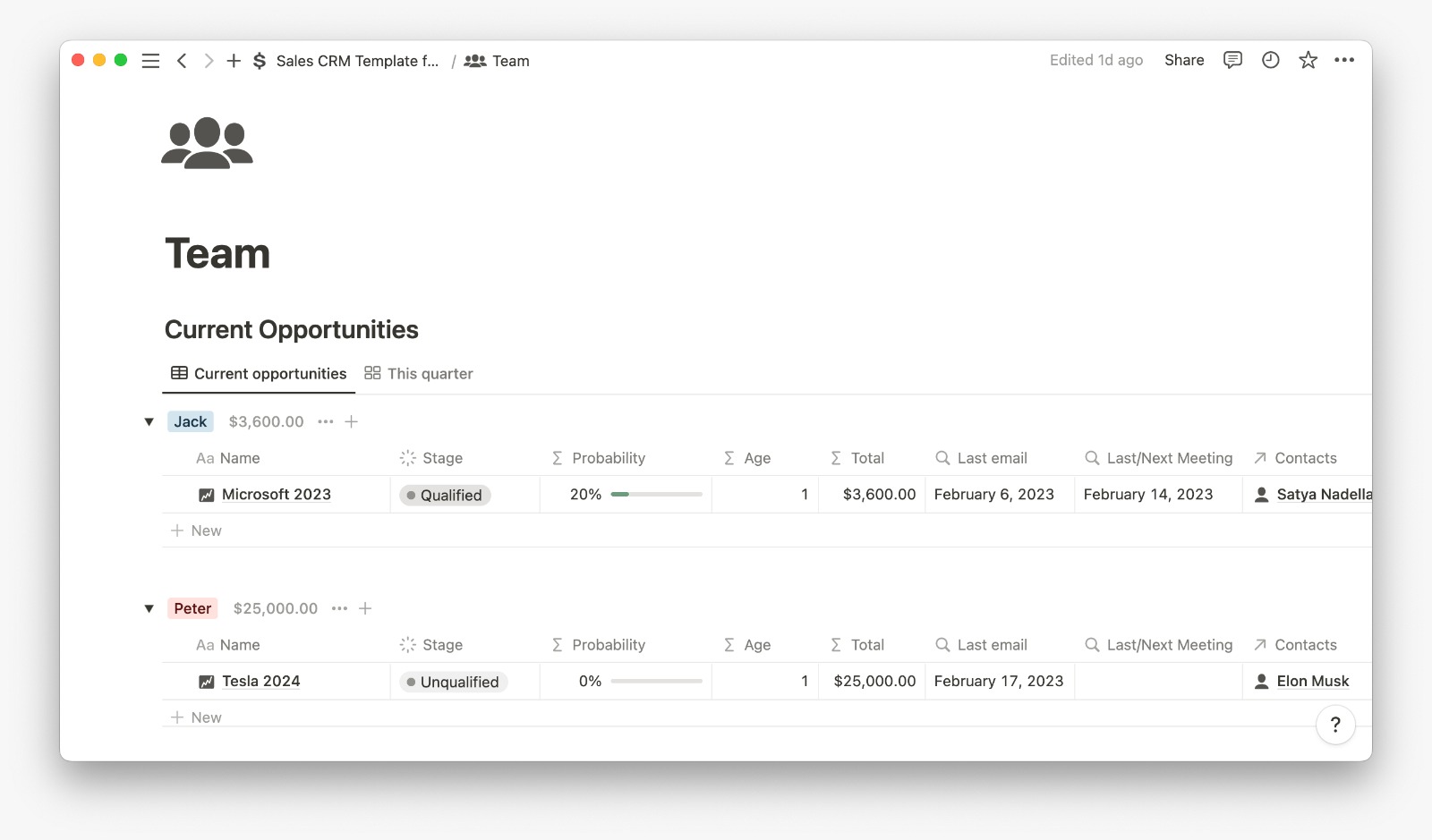 Sales CRM screen